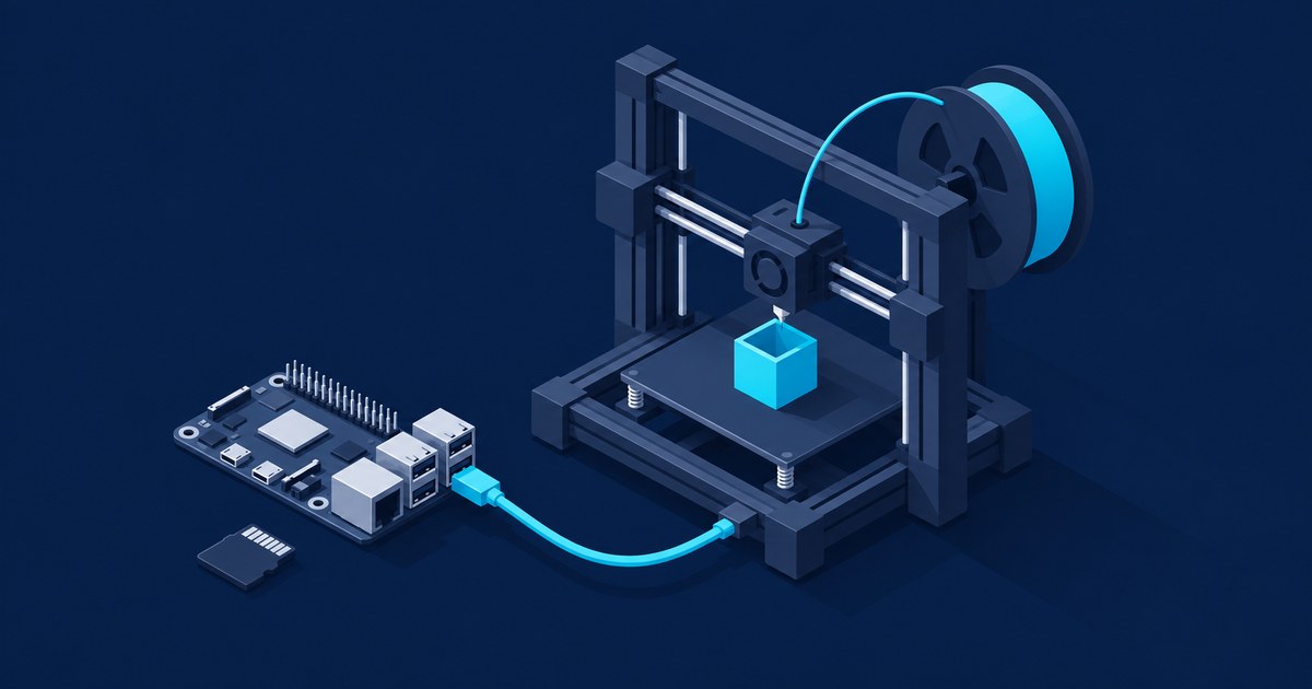 Isometric 3D printer connected by a cyan cable to a Raspberry Pi board, with a microSD card nearby against a dark blue background.