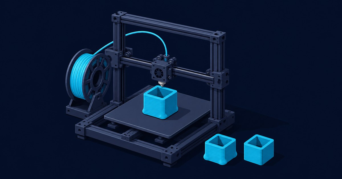 A dark blue 3D printer lays cyan filament into a square calibration tower, with a spool at left and two finished prints nearby.