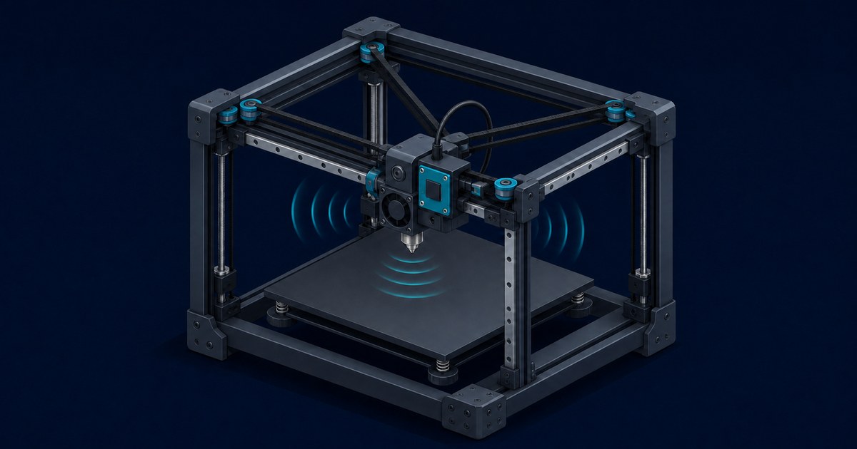 A dark, stylized Voron 2.4 3D printer with cyan vibration waves around the toolhead, representing accelerometer-based input shaping.