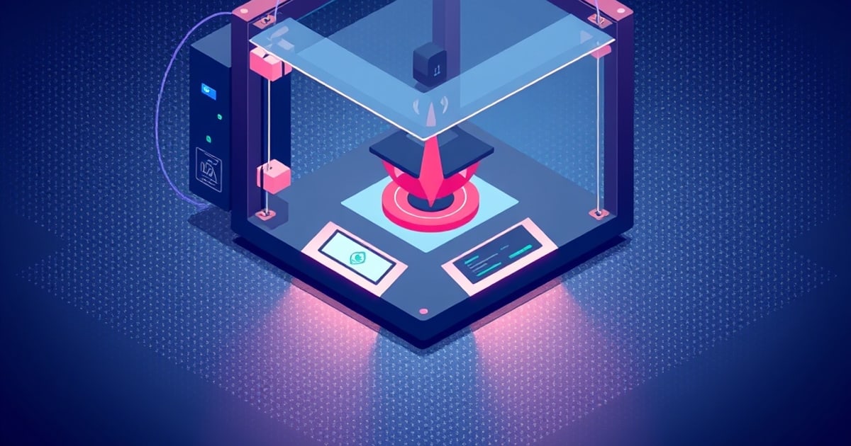 Flat isometric illustration of a glass-walled 3D printer with a pink nozzle arrow over a lit bed, two control screens, and pink light pooling underneath.