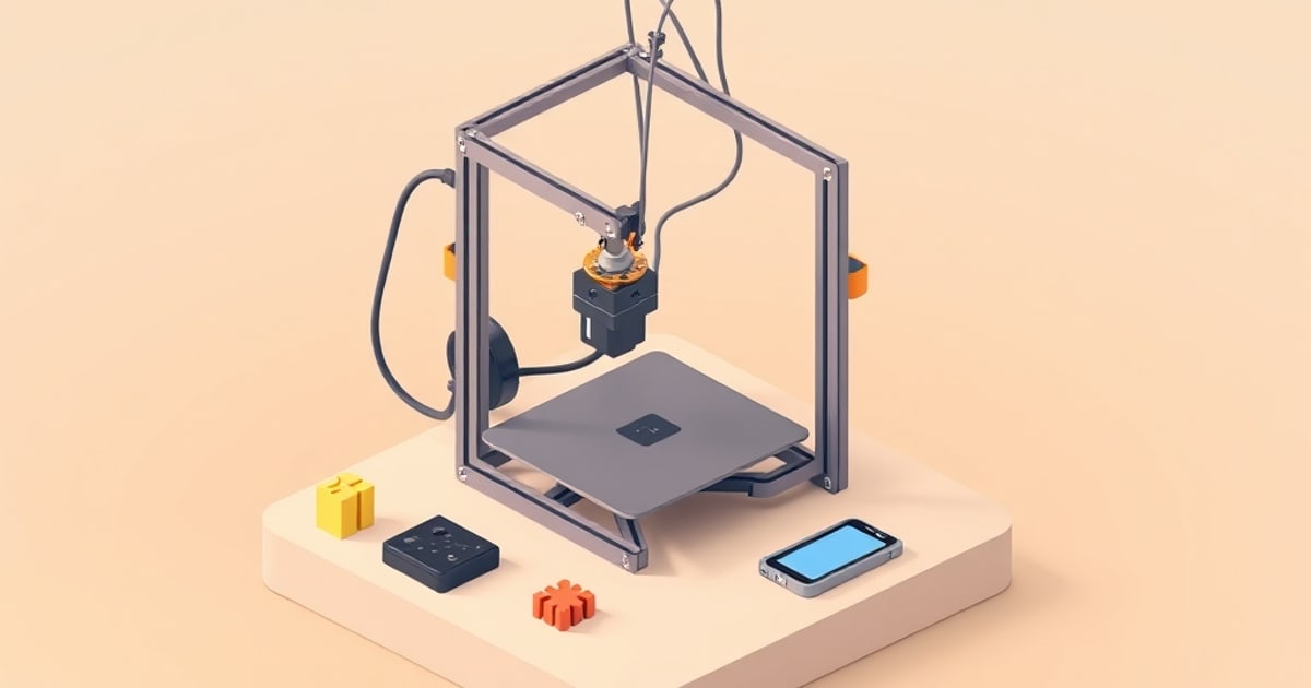Isometric render of a gray extrusion-frame 3D printer with toolhead and bed on a beige base, beside loose parts, a control module and a phone