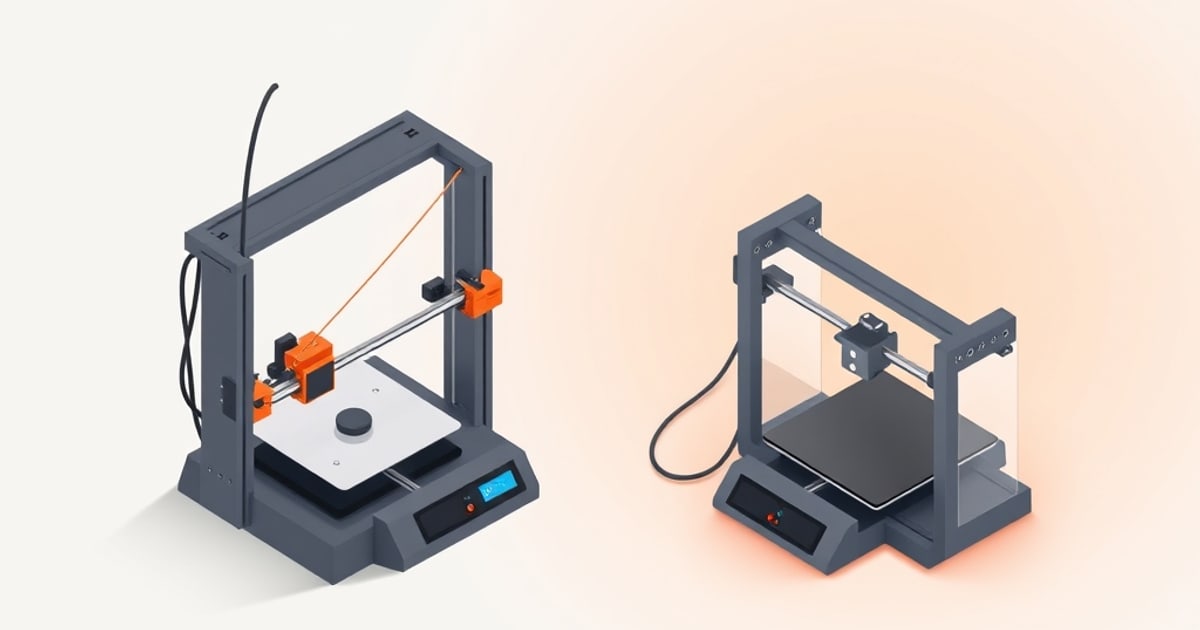 Two dark gray isometric 3D printers side by side, one open frame with orange gantry parts and one with clear side panels, contrasting Voron designs